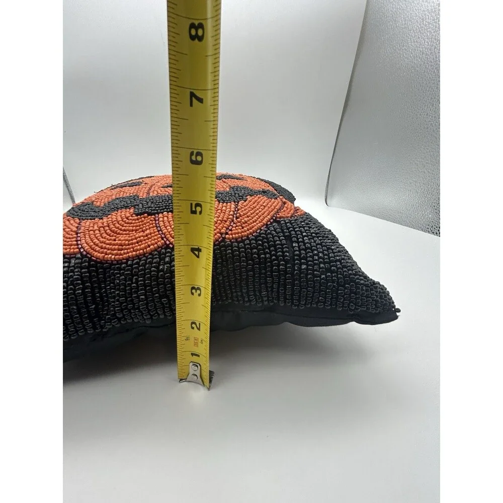 Beaded Jack O’Lantern Pumpkin Pillow 12x12 Handmade Halloween Decor Heavy
